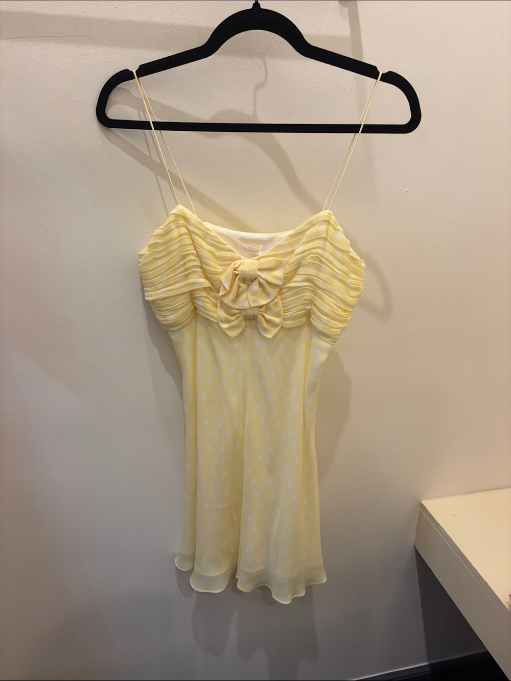 LoveShackFancy Yellow Polka Dot Spaghetti Strap Dress with Bow